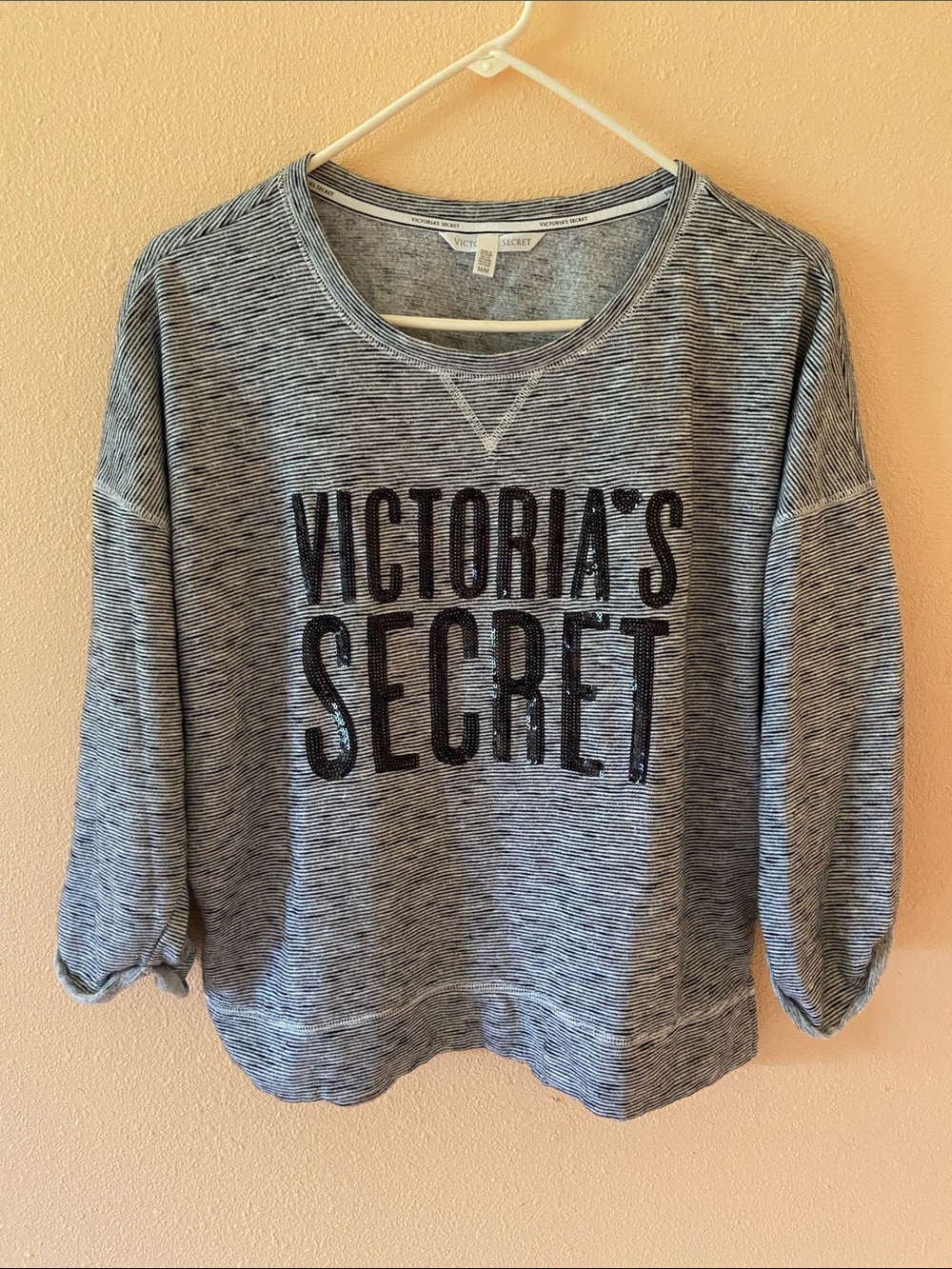 Women’s Victoria Secret Blue Striped Sweatshirt Pullover Sequins, Size Medium